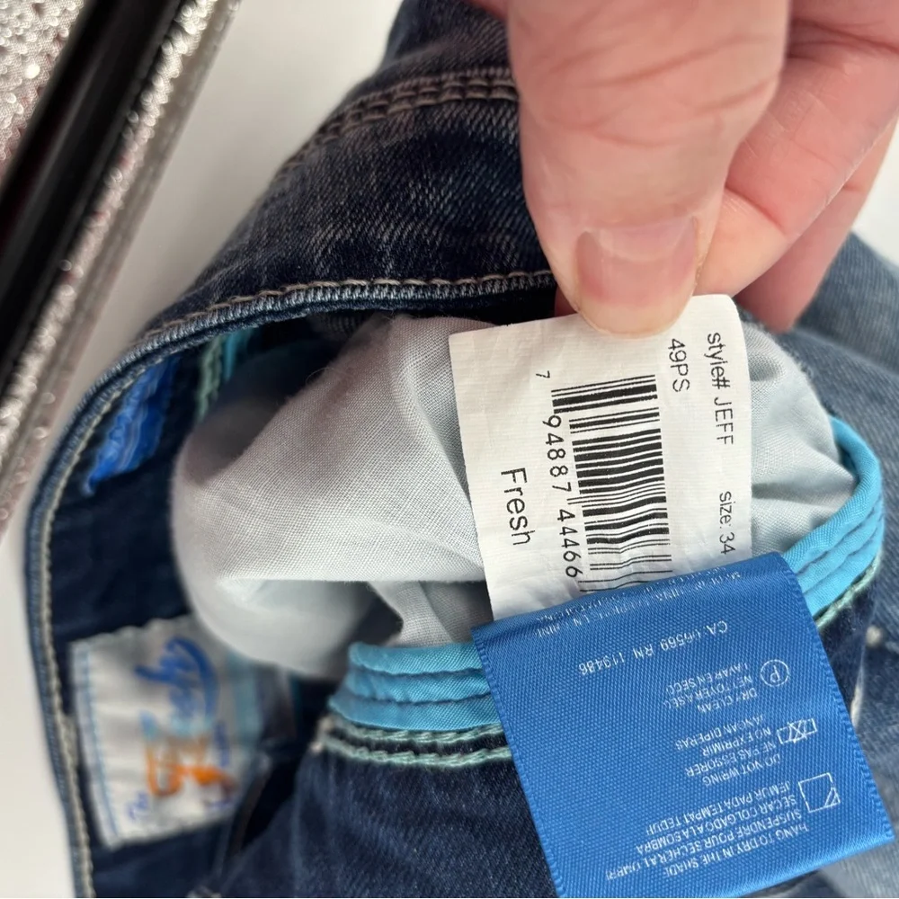 The Fresh Brand JEFF Jeans Mens 34x32 Distressed Straight Blue‎ Denim Camo Lined